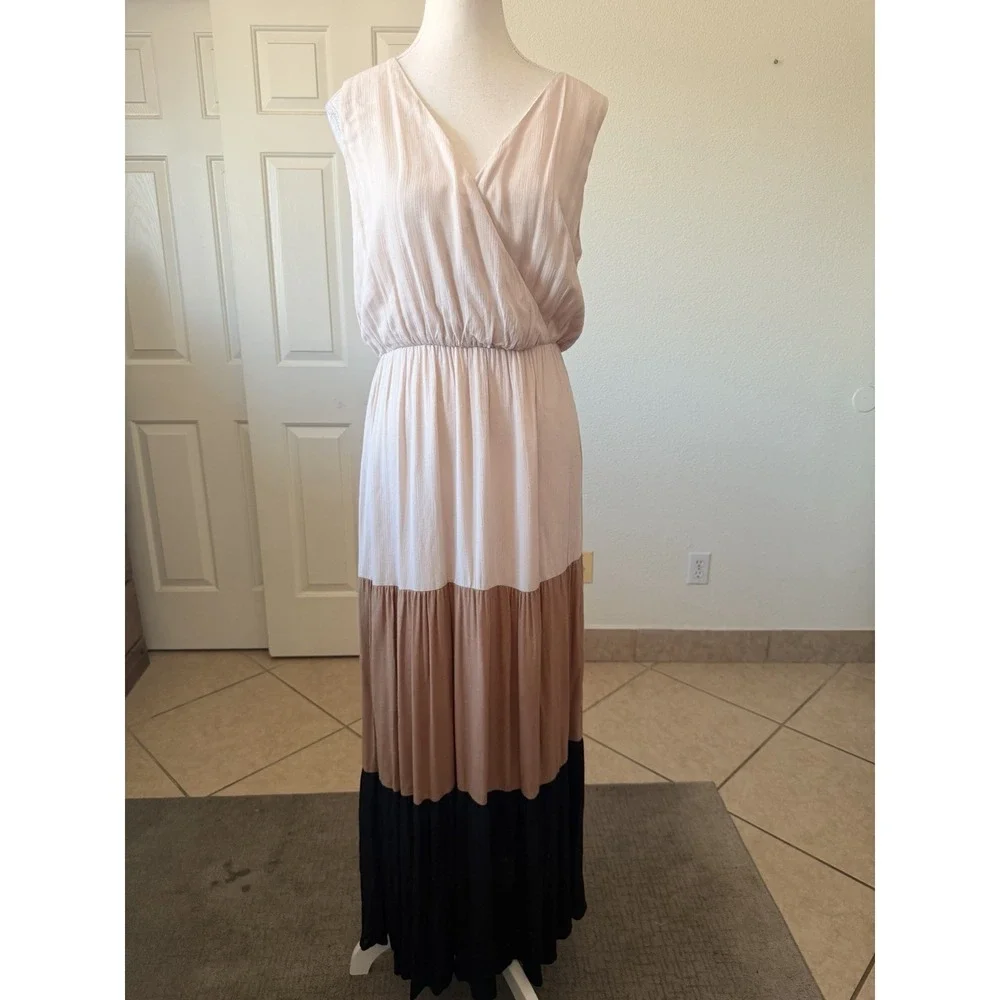 Accent Maxi Dress S/M Colorblock Pink Tan Black Sleeveless‎ Boho